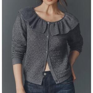 Maeve Anthropologie Wool Blend Pointelle Cardigan Sweater Carbon Gray Medium